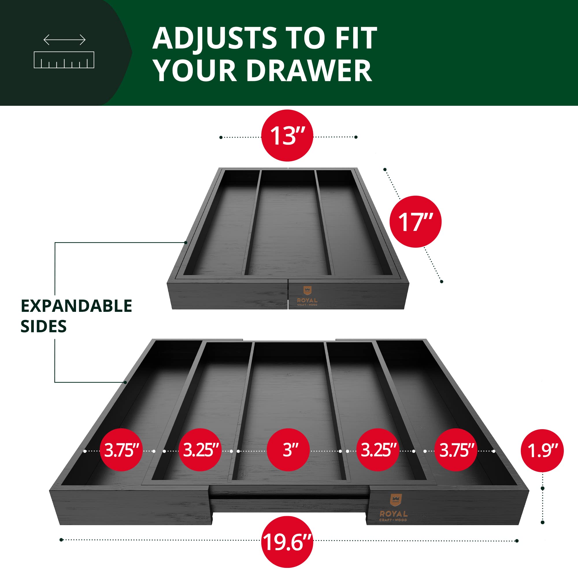 ROYAL CRAFT WOOD expanded top view demonstrating adjustable width for fit