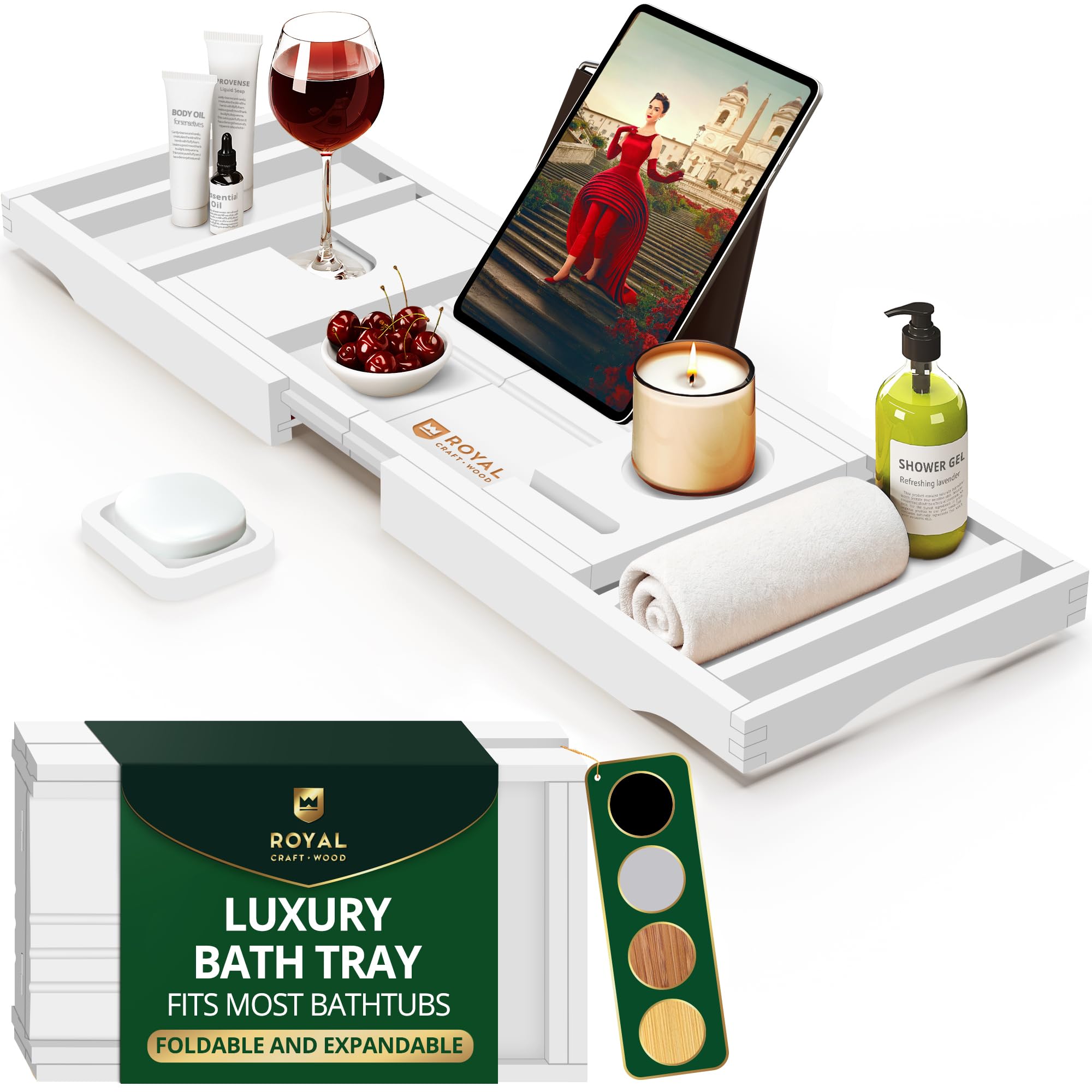 ROYAL CRAFT WOOD front view of foldable bathtub tray, organized convenience