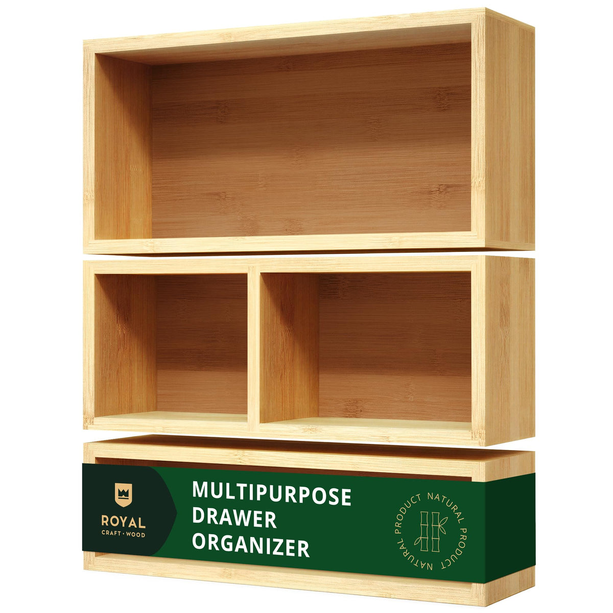 ROYAL CRAFT WOOD front packaging showing three bamboo organizer bins and branding benefit: neat storage