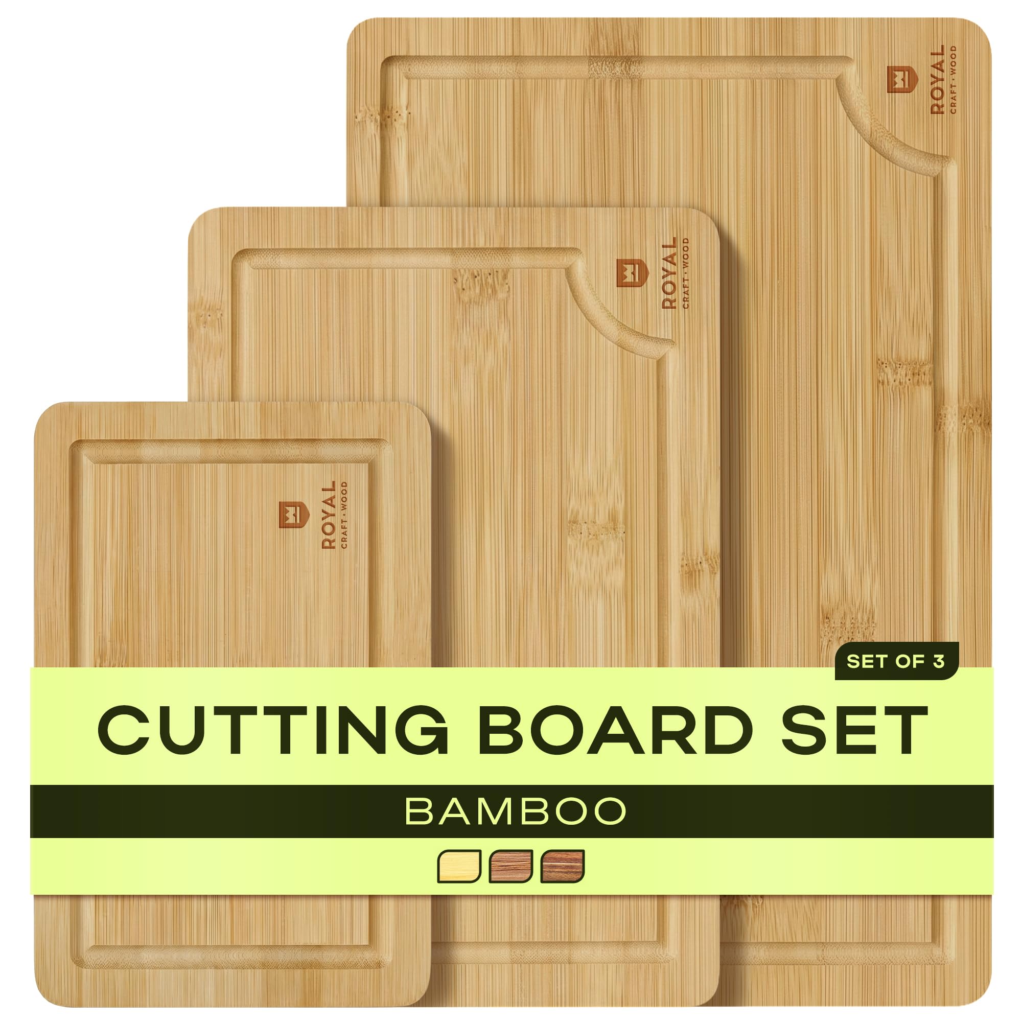 ROYAL CRAFT WOOD three-board set front view shows versatility and durable bamboo