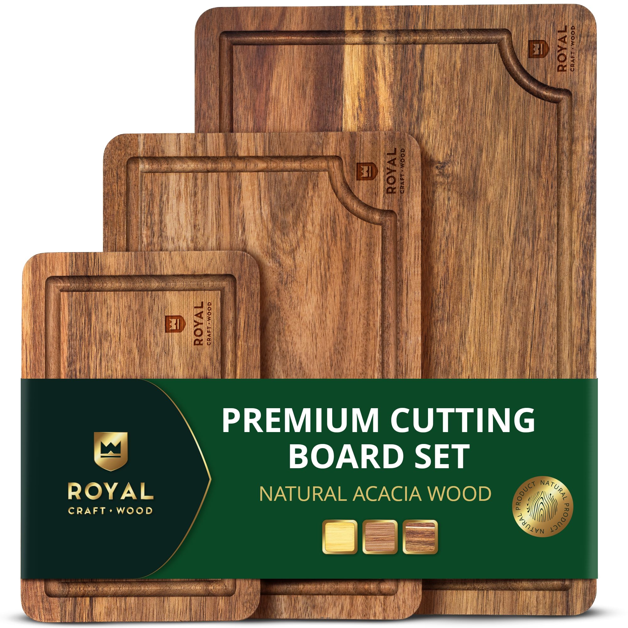 ROYAL CRAFT WOOD front view showing three boards and warm acacia finish for elegant serving