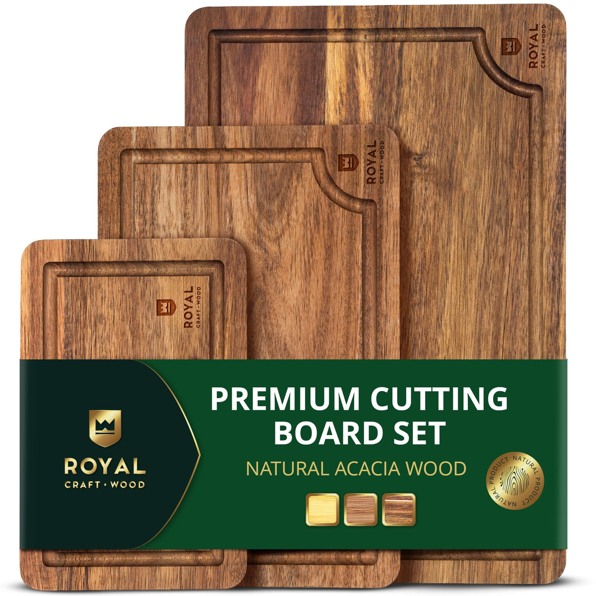 ROYAL CRAFT WOOD front view showing three boards and warm acacia finish for elegant serving