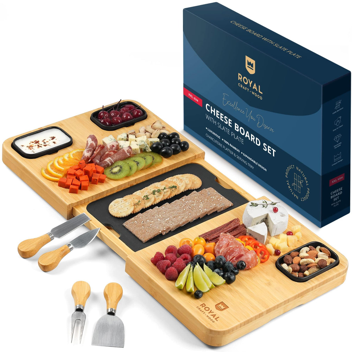 ROYAL CRAFT WOOD front view of full charcuterie board set showing organized serving zones and accessories