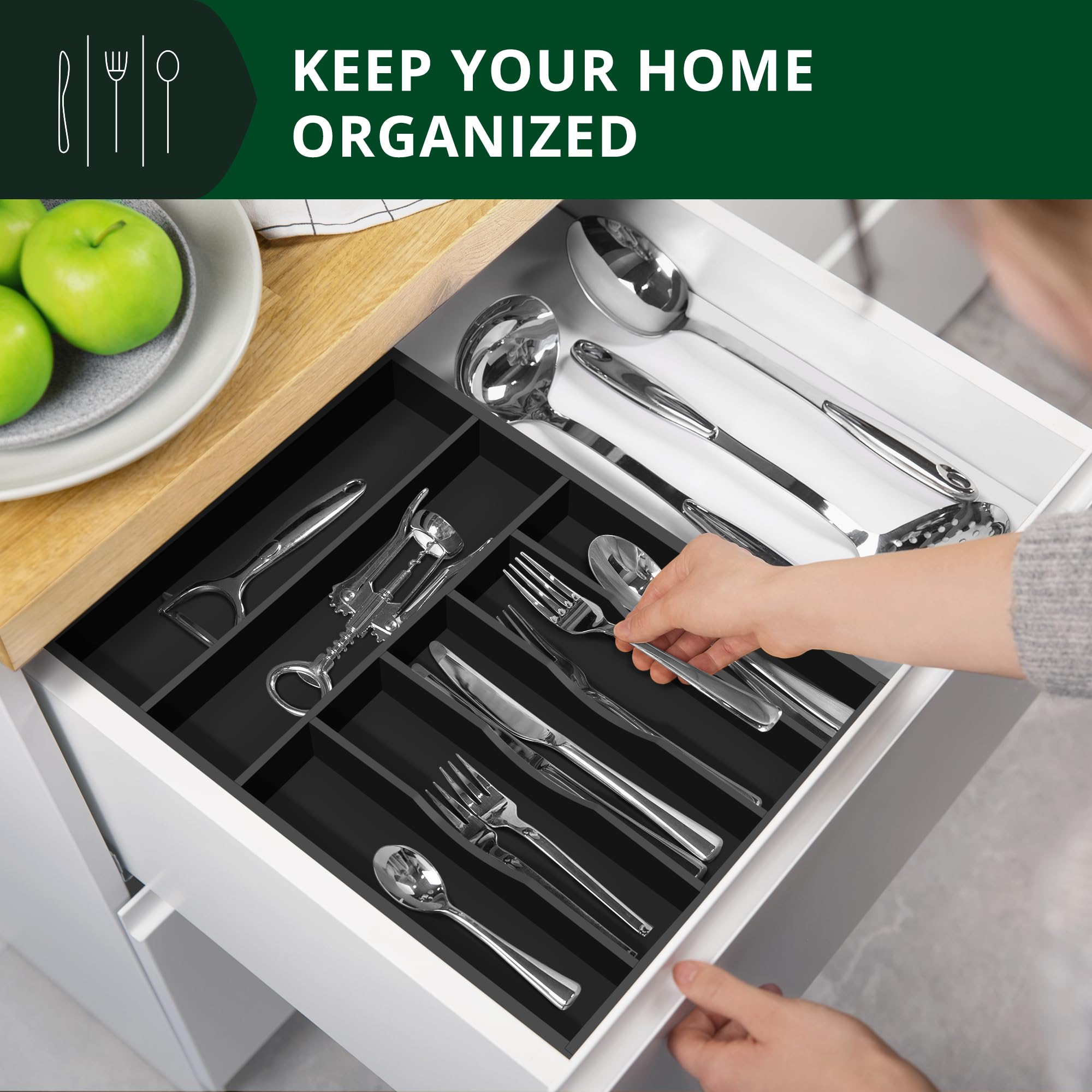 ROYAL CRAFT WOOD placed in drawer to show fit and space-saving benefit