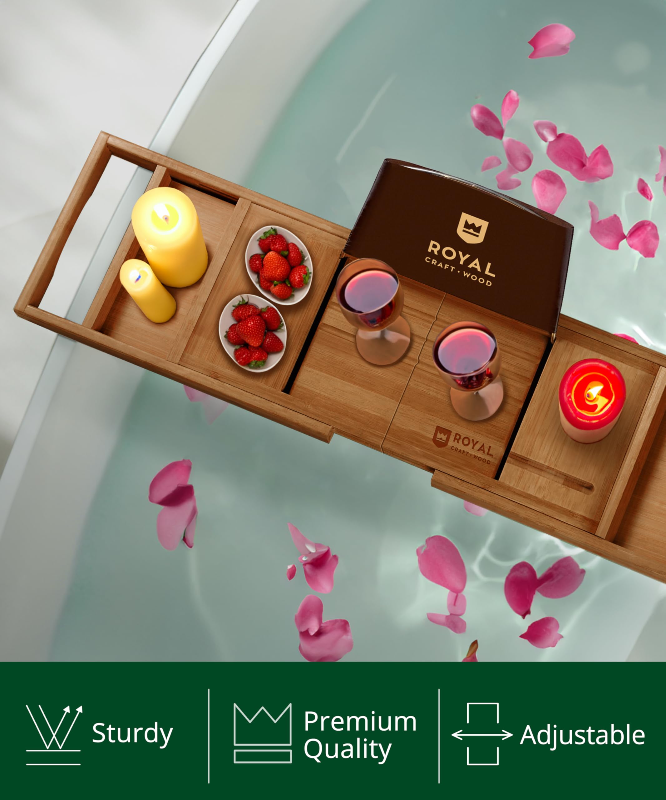 ROYAL CRAFT WOOD lifestyle shot of tray on tub with candles and book, creating a spa vibe