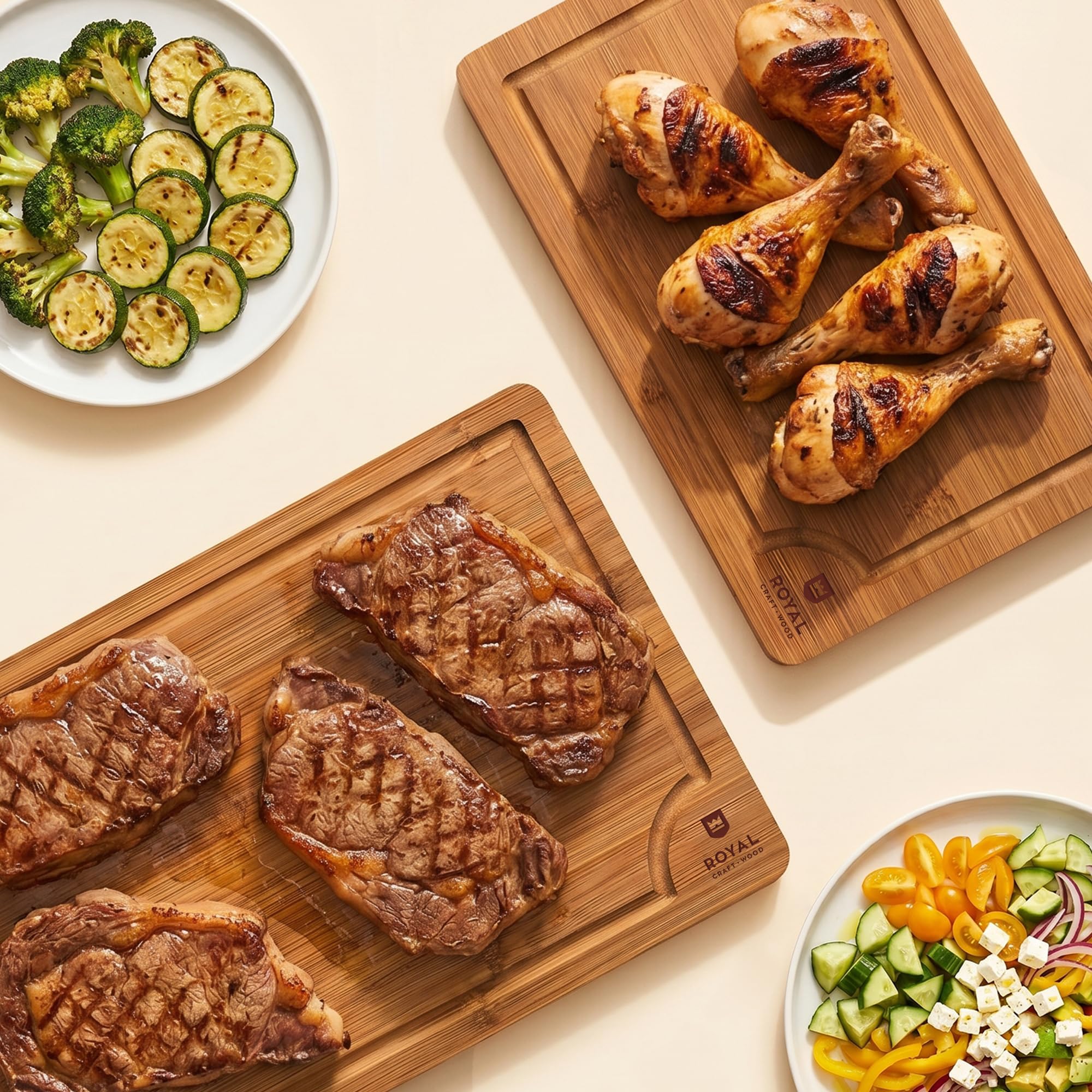 ROYAL CRAFT WOOD carving meat on board showing clean juice capture benefit