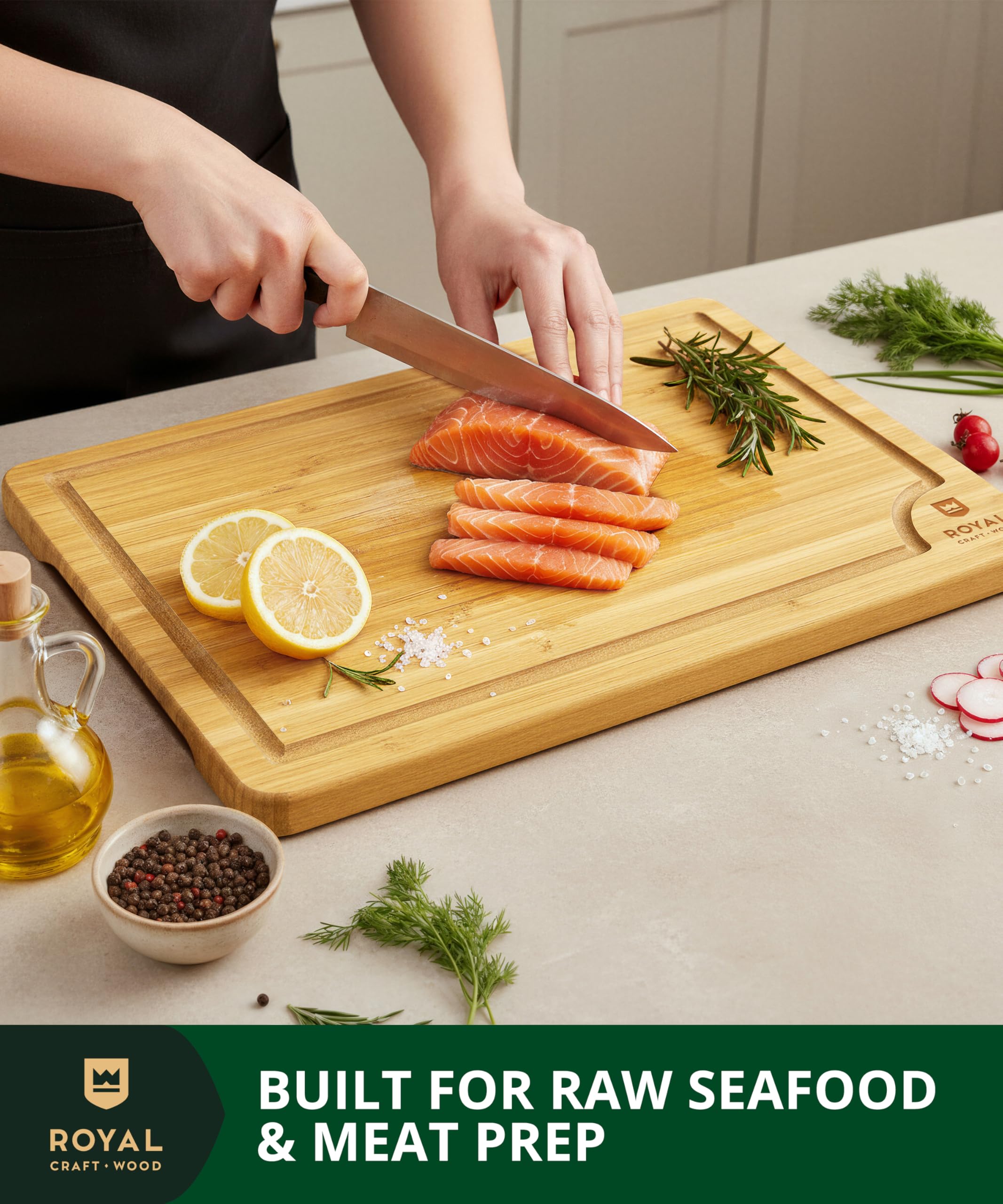 ROYAL CRAFT WOOD surface demo showing knife-friendly finish and low wear