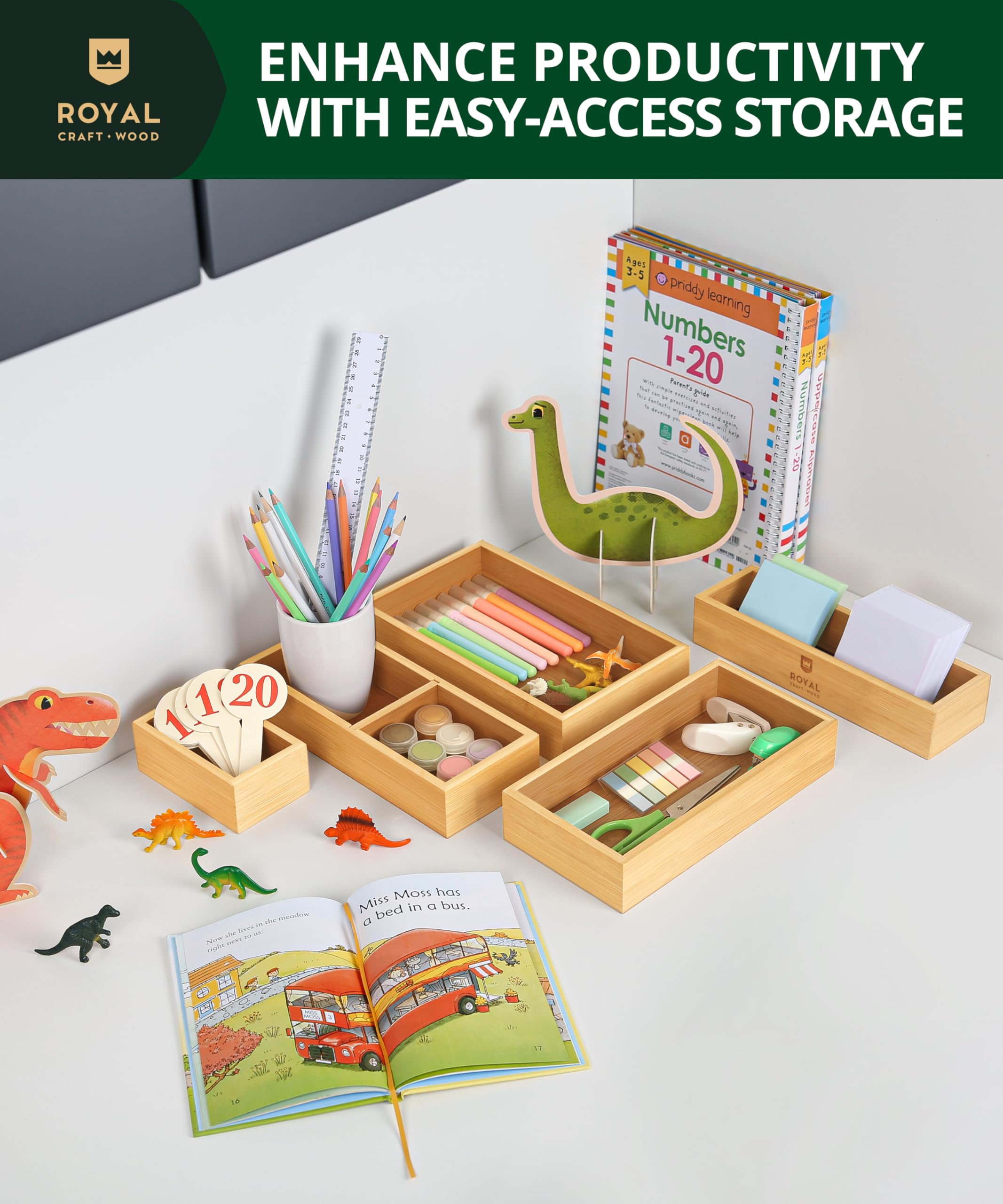 ROYAL CRAFT WOOD trays organizing office supplies on a desk to boost productivity