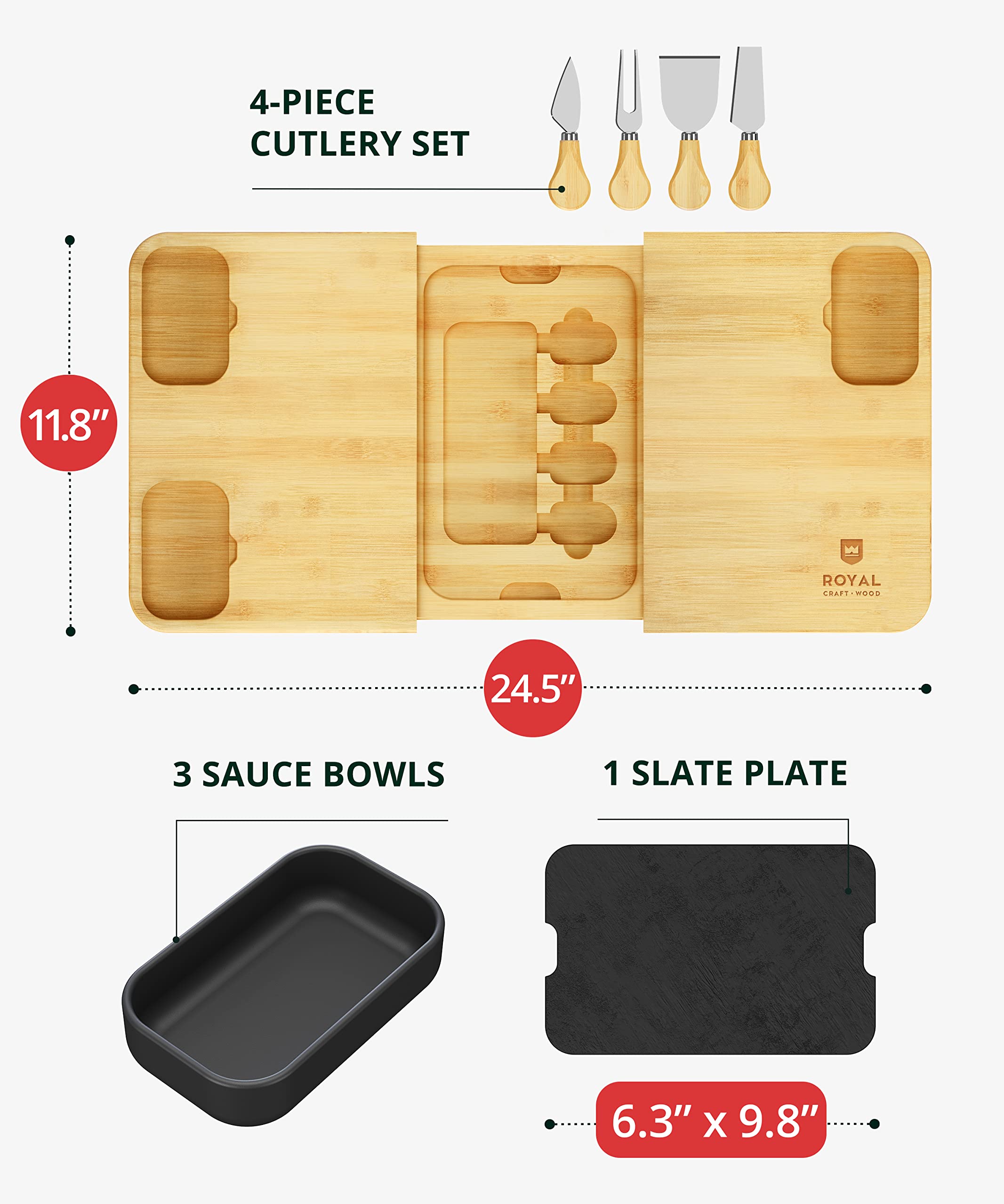 ROYAL CRAFT WOOD pull-out drawer with four knives neatly stored for convenient serving