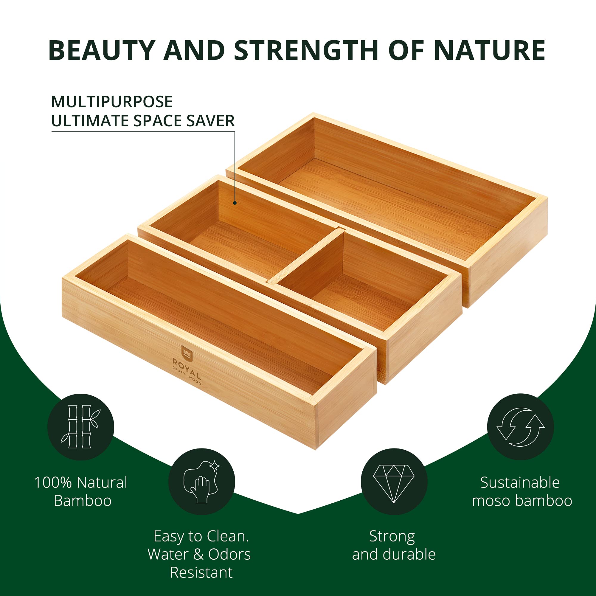 ROYAL CRAFT WOOD placed inside drawer to show shallow-fit capability and clutter reduction benefit