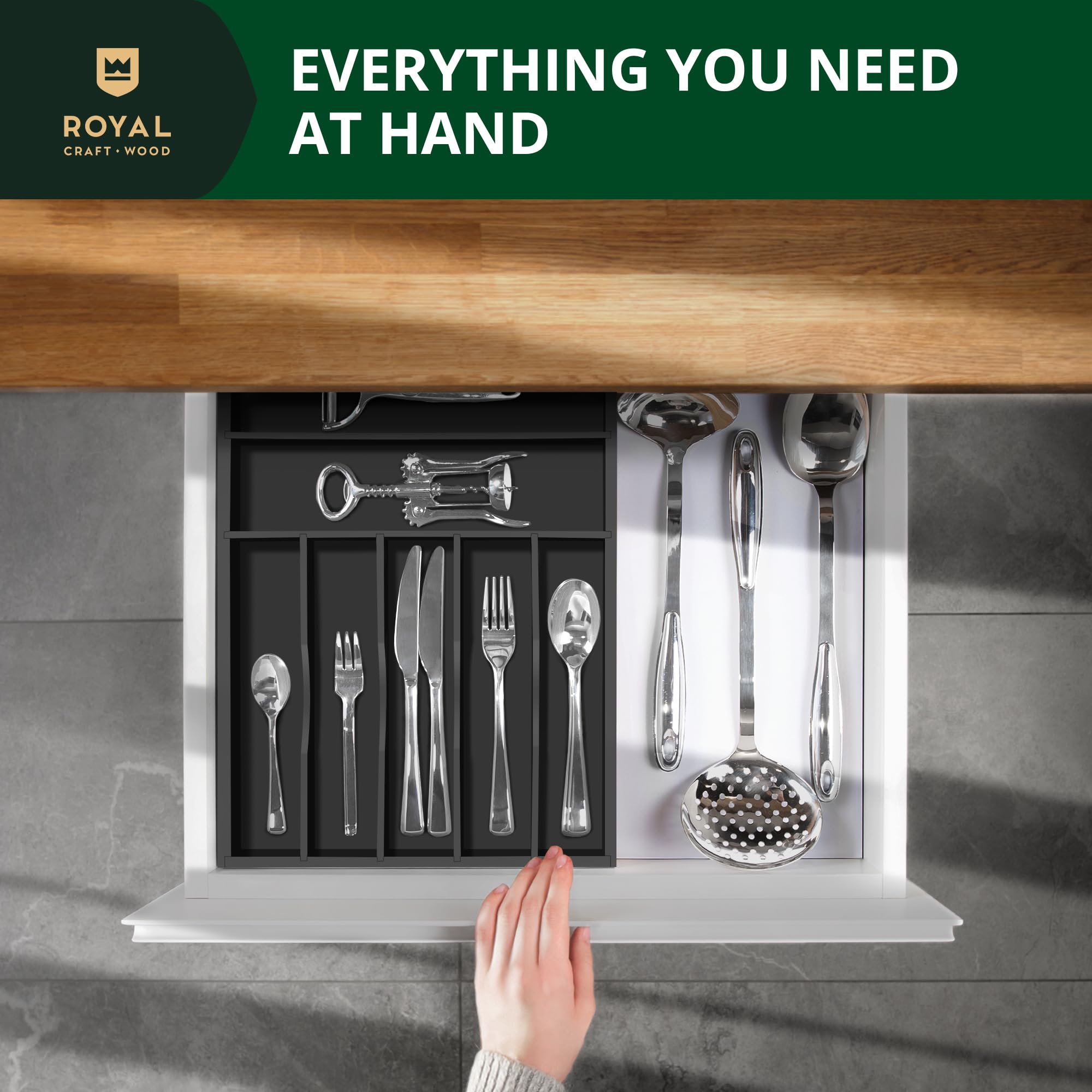ROYAL CRAFT WOOD with utensils neatly arranged demonstrating quick access benefit