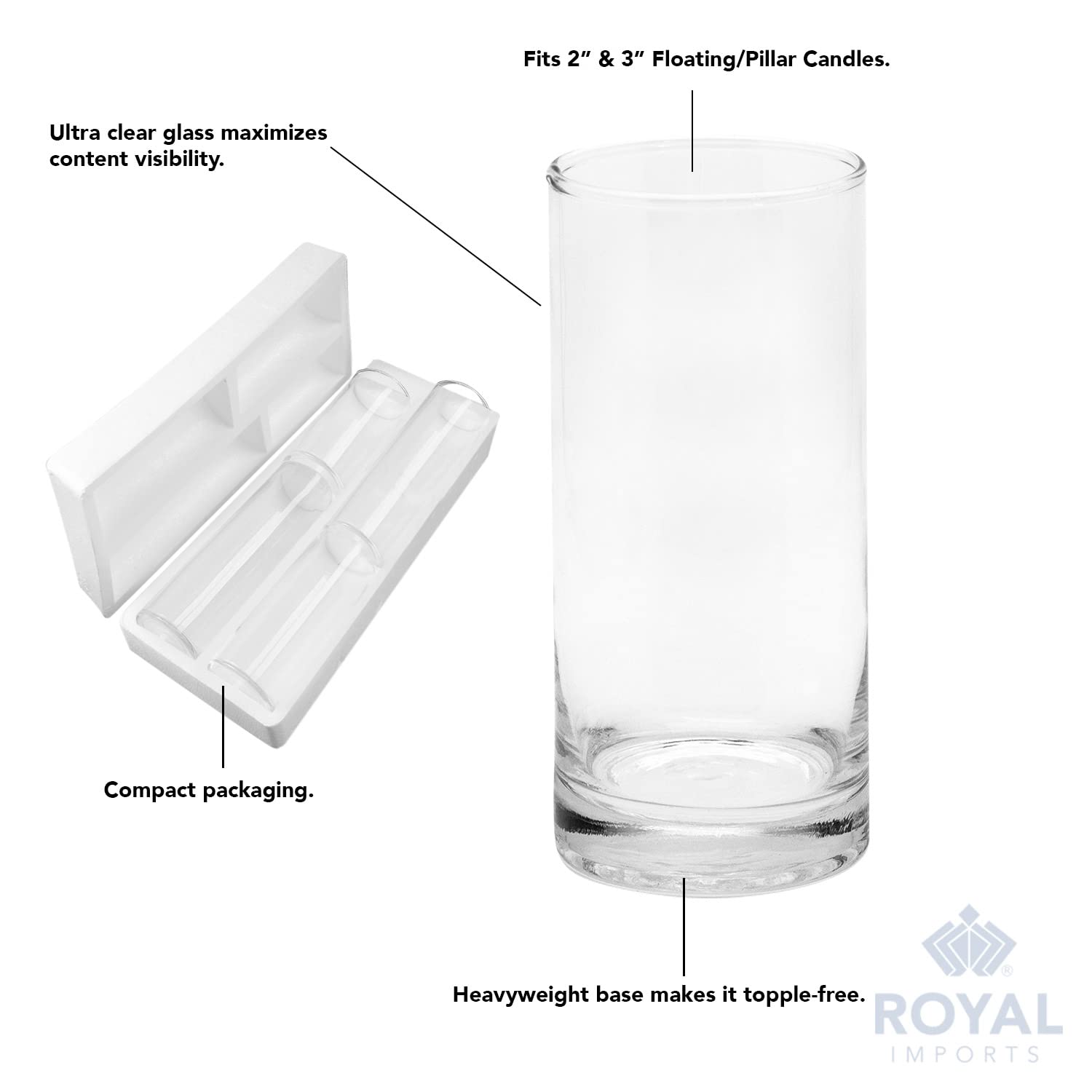 Royal Imports vases styled with fresh flowers demonstrating elegant centerpiece impact