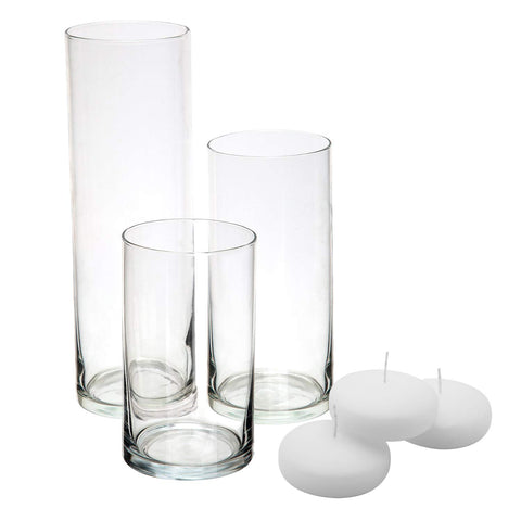 Royal Imports front view of three vases with candles, elegant table impact