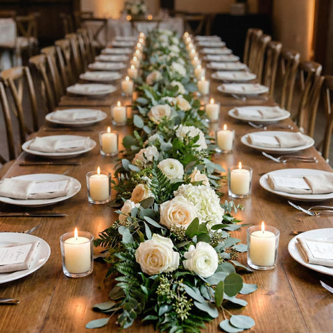 Royal Imports votives arranged in centerpiece enhancing wedding table ambiance