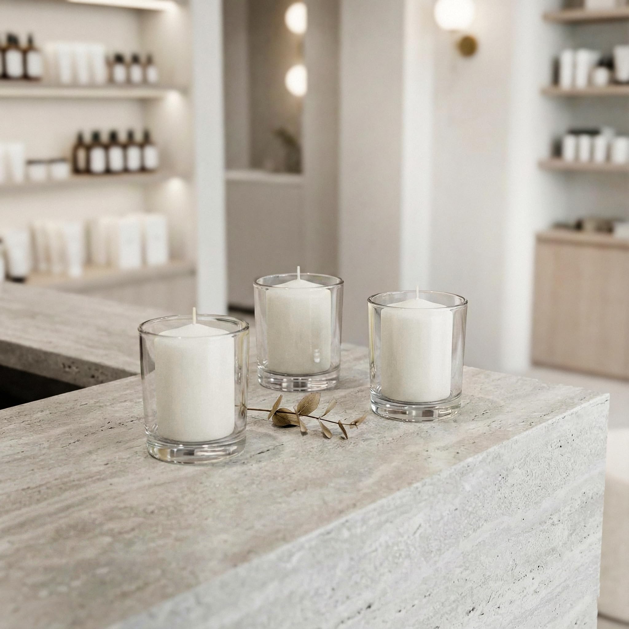 Royal Imports lit votive candles as centerpiece providing warm unscented ambiance