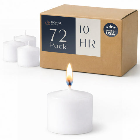 Royal Imports front pack of 72 votive candles ready for events