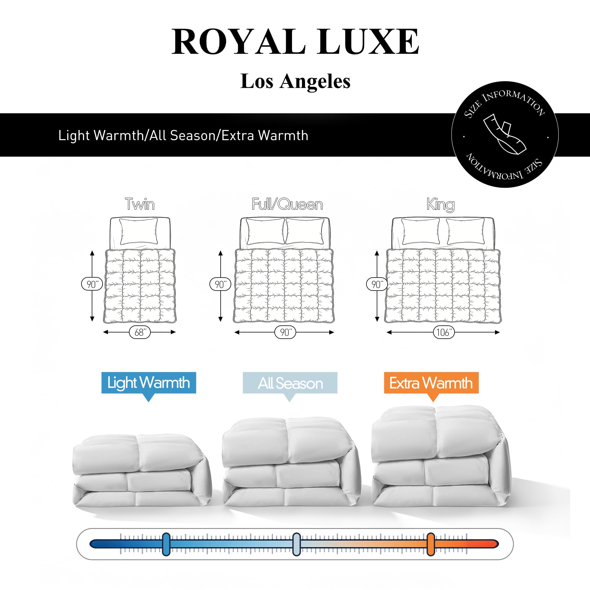 Royal Luxe comforter beside ruler for 90x90 size scale and accurate fit guidance