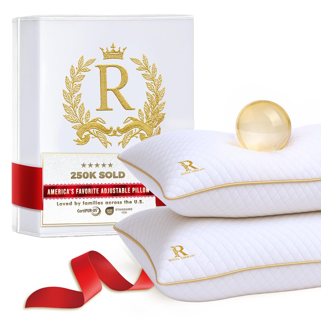 Royal Therapy front view of two king pillows showing packaging and firmness benefits