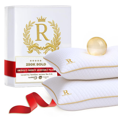 Royal Therapy front view of two king pillows showing packaging and firmness benefits