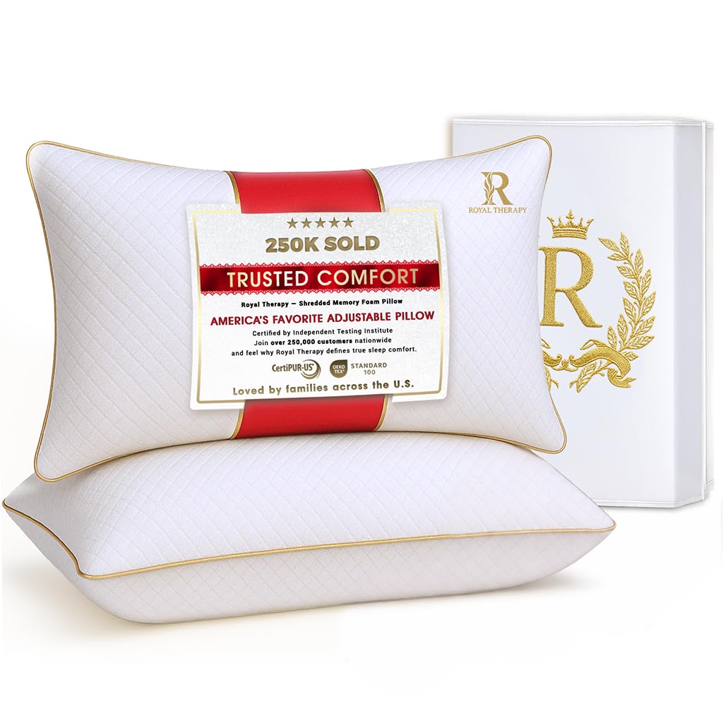 Royal Therapy front packaging showing two queen pillows and benefits