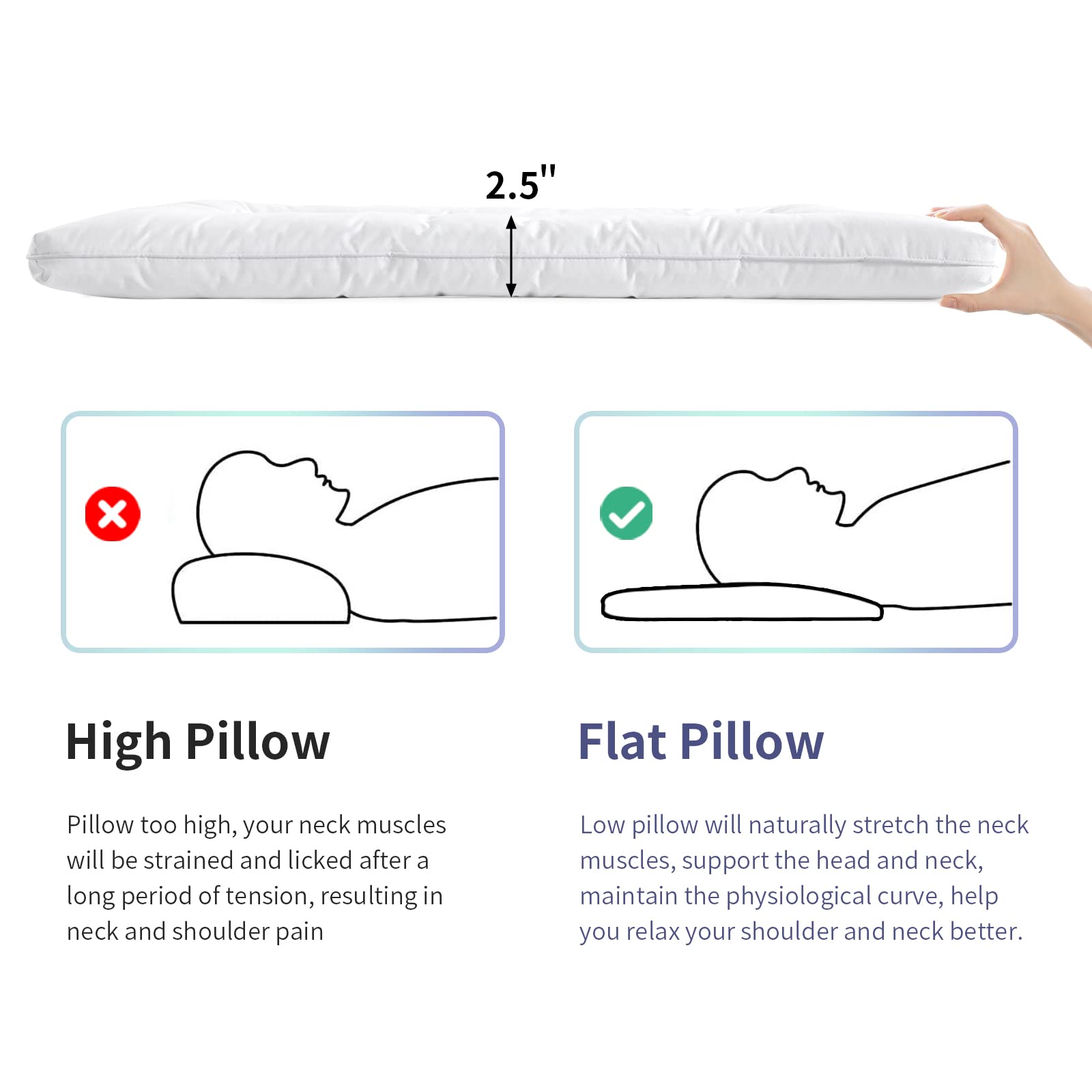 ROYALAY pillow on made bed illustrating low loft benefits for stomach and back sleepers