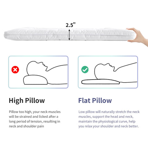 ROYALAY pillow on made bed illustrating low loft benefits for stomach and back sleepers