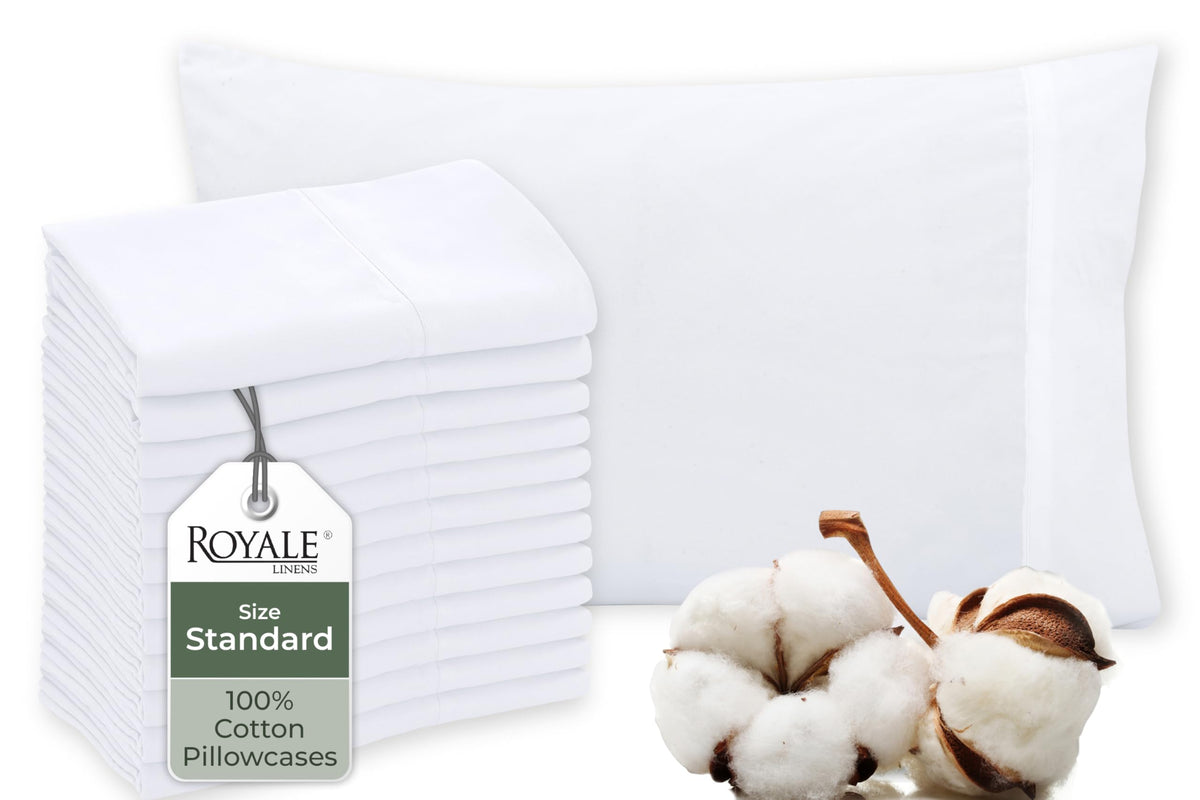 Royale Linens front packaging showing 12 white pillowcases, dependable bulk supply