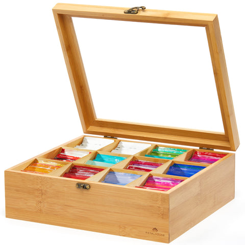 RoyalHouse bamboo tea box front view showing clean design and storage benefit