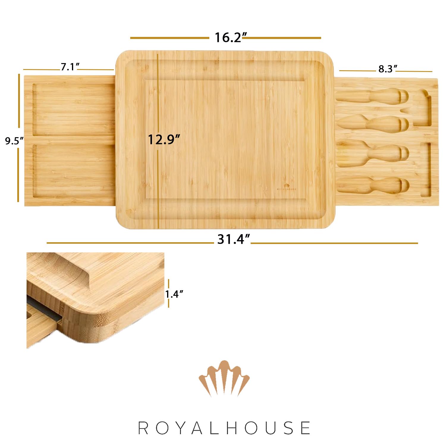 RoyalHouse four-piece knife set arranged on board for precise slicing and spreading