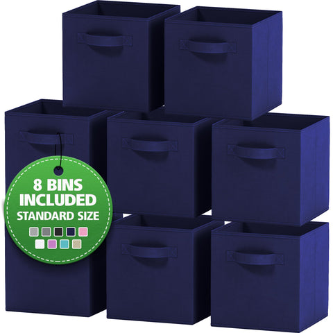 Royexe front view of eight navy cube storage bins showing neat uniform organization