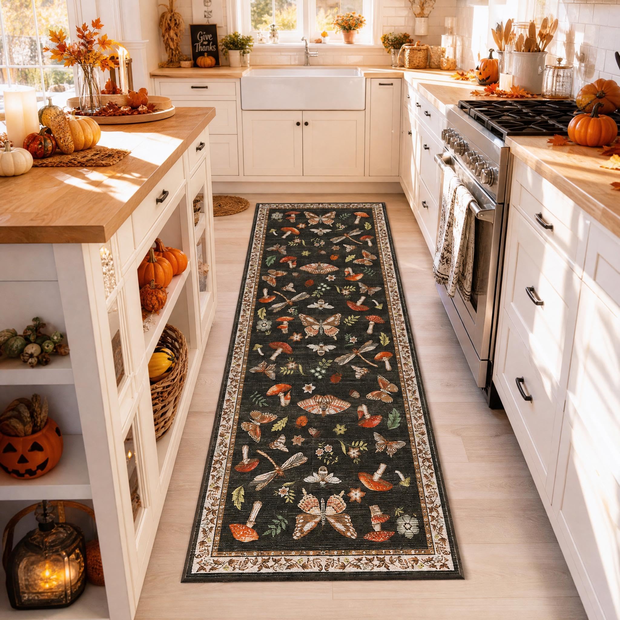 ROYHOME front view of runner showing mushroom insect design and neat edges for style
