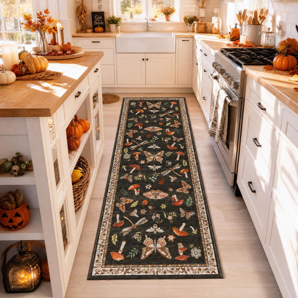 ROYHOME front view of runner showing mushroom insect design and neat edges for style