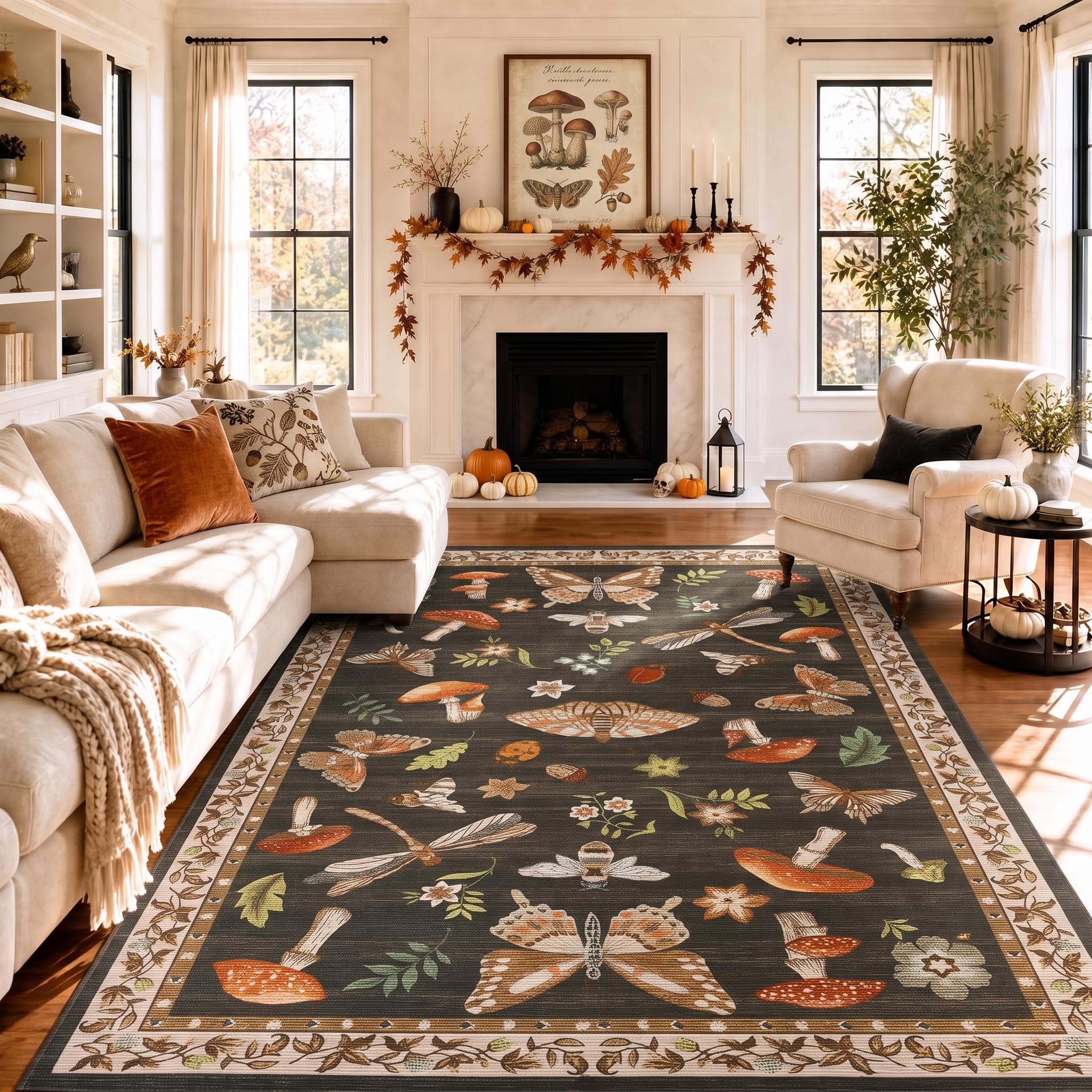 ROYHOME mushroom rug front view showing pattern and neutral brown tone benefit decor