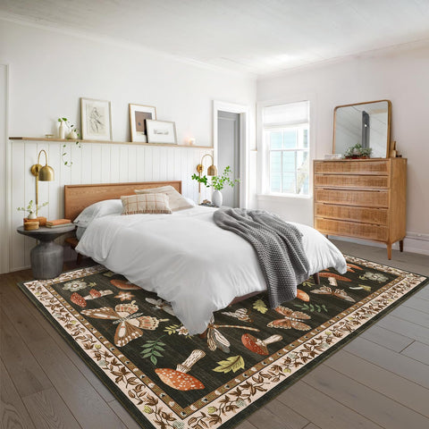 ROYHOME mushroom rug next to tape measure showing 5x7 scale for sizing clarity