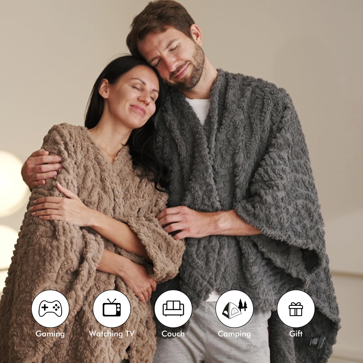 Royoliving wearable blanket draped in living room showing cozy lifestyle benefit