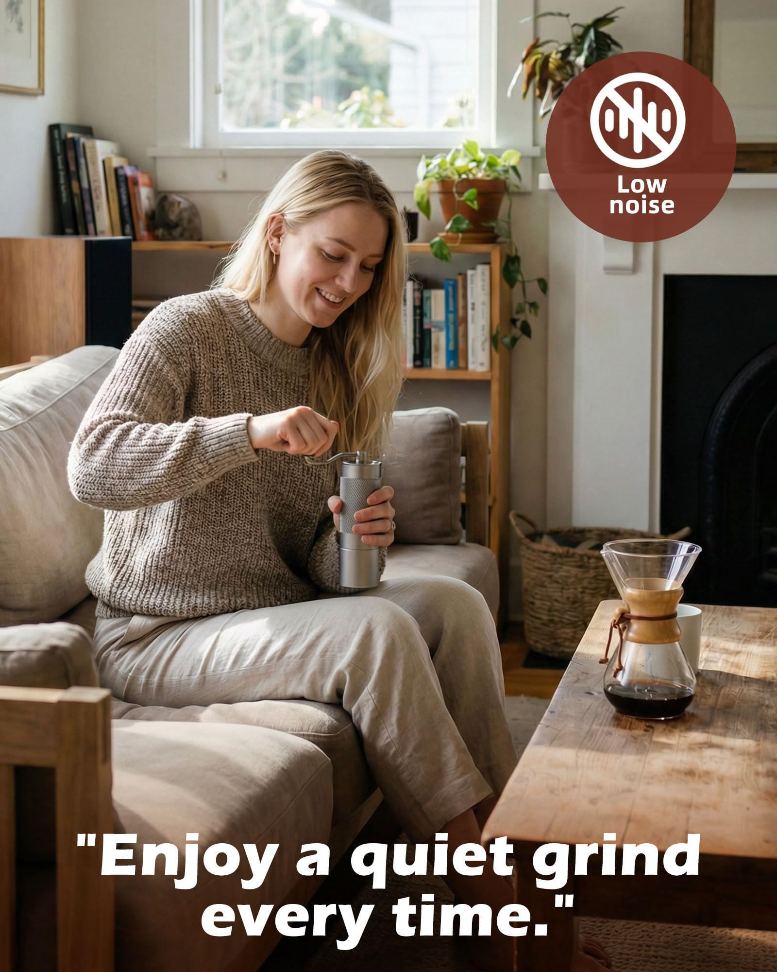 Rsoilch grinder next to camping mug illustrating portable coffee preparation