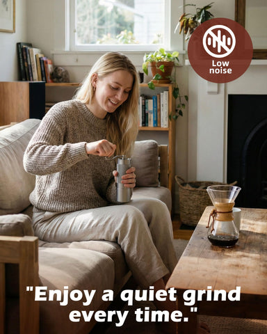 Rsoilch grinder next to camping mug illustrating portable coffee preparation