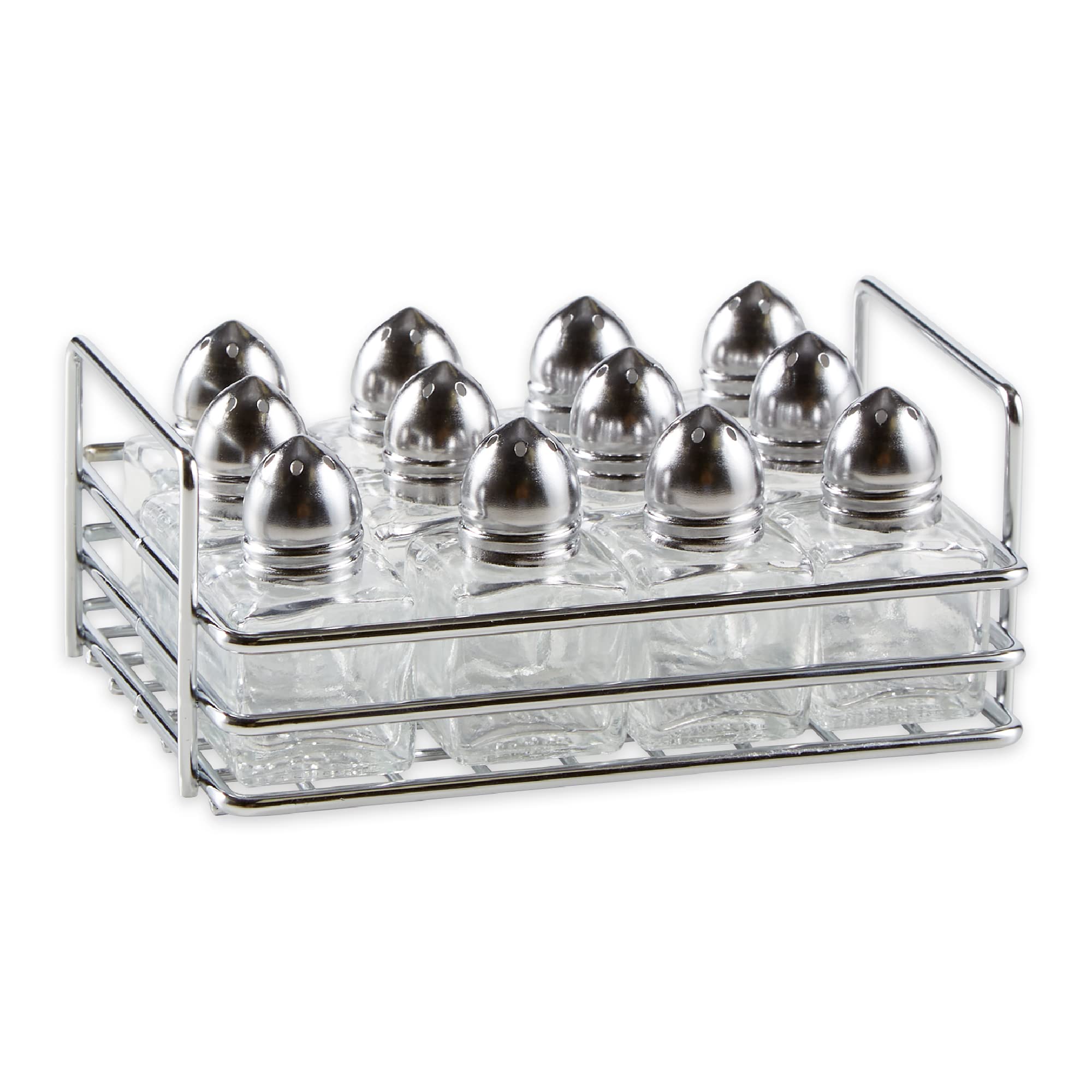 RSVP International mini shakers front view showing clean glass and chrome rack for tidy table presentation