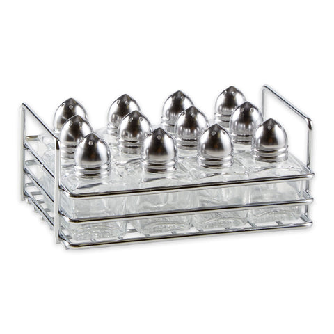 RSVP International mini shakers front view showing clean glass and chrome rack for tidy table presentation