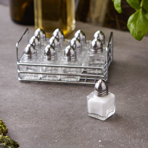 RSVP International twelve shakers arranged in chromed wire rack for organized transport and display