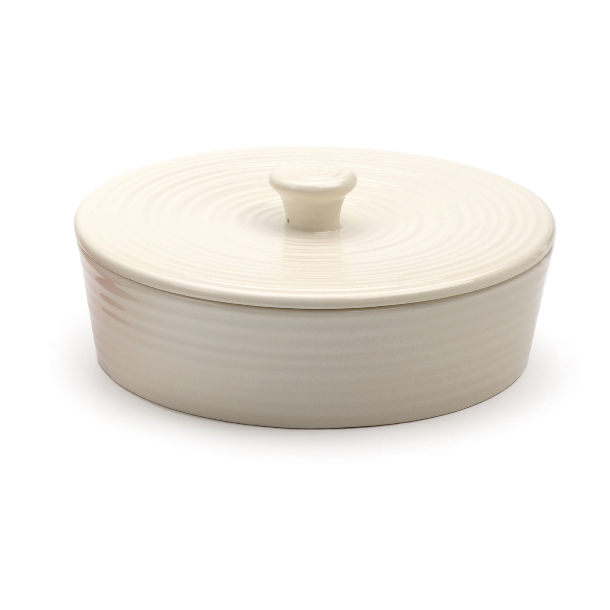 RSVP International front view showing clean white stoneware and lid, stylish serving benefit