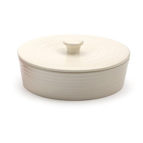 RSVP International front view showing clean white stoneware and lid, stylish serving benefit