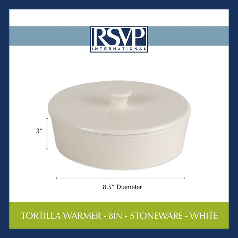 RSVP International open warmer with stacked tortillas inside, keeps tortillas soft benefit