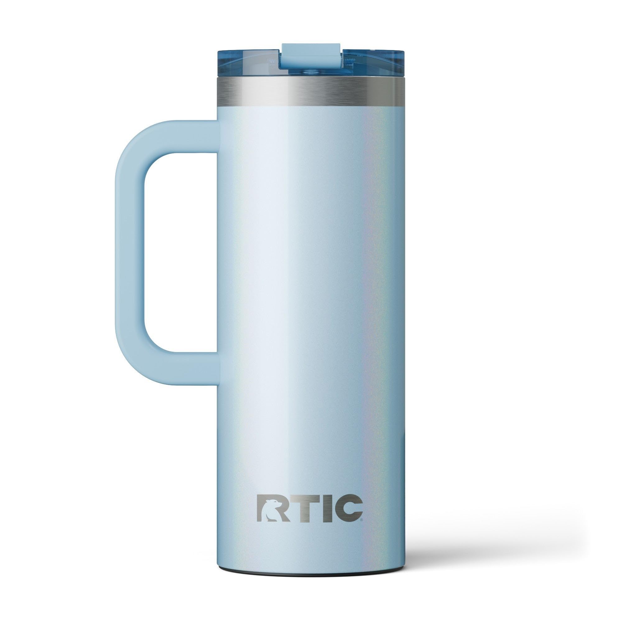 RTIC front view of 20oz Road Trip mug showing Ice Glitter finish and sturdy build