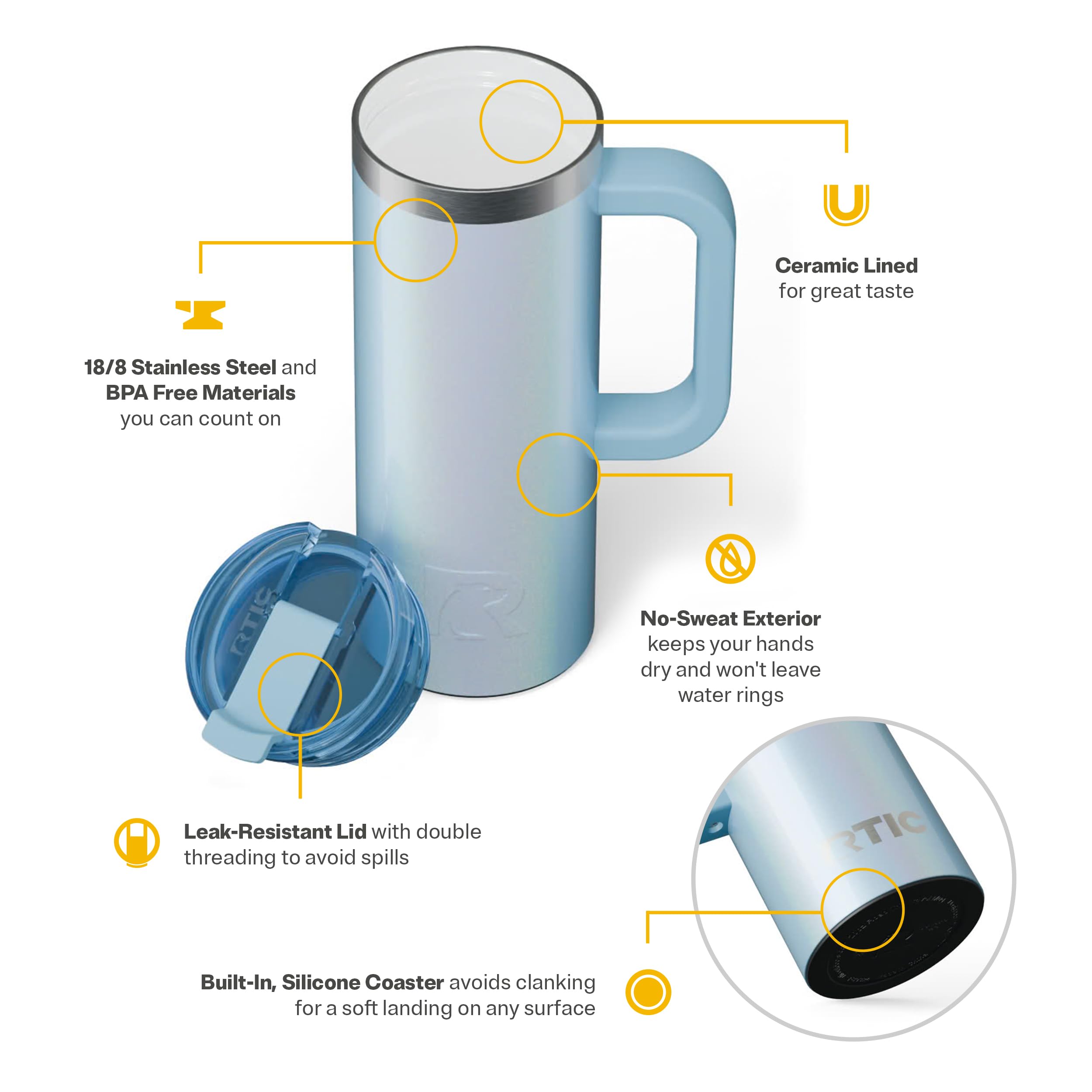 RTIC lid detail with double-thread and snap tab for leak-resistant travel