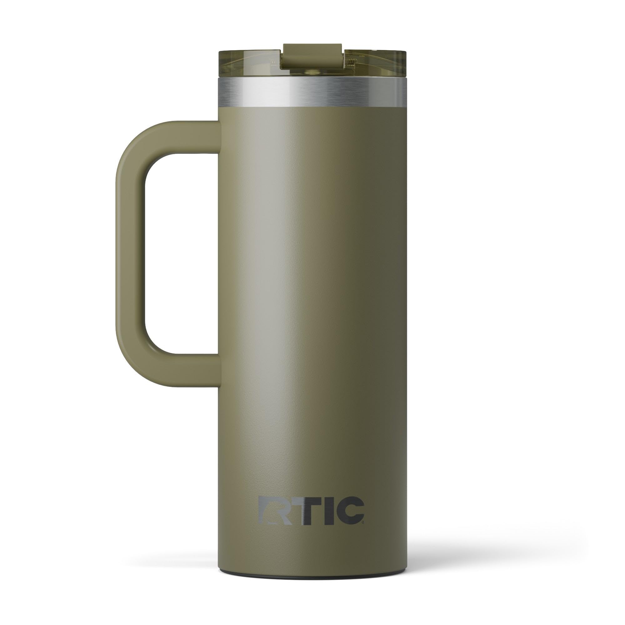 RTIC travel mug front view showing olive finish and branding for easy identification
