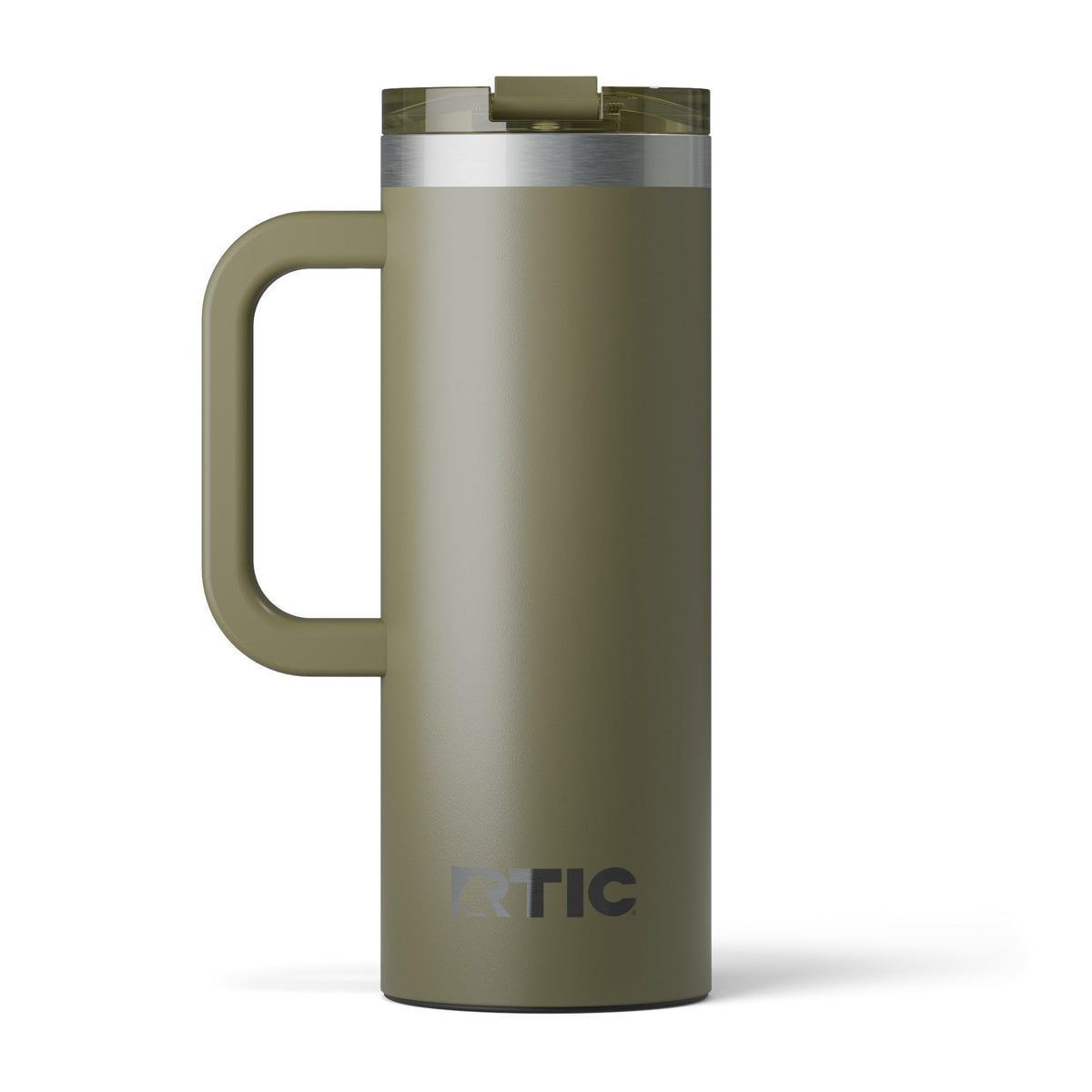 RTIC travel mug front view showing olive finish and branding for easy identification
