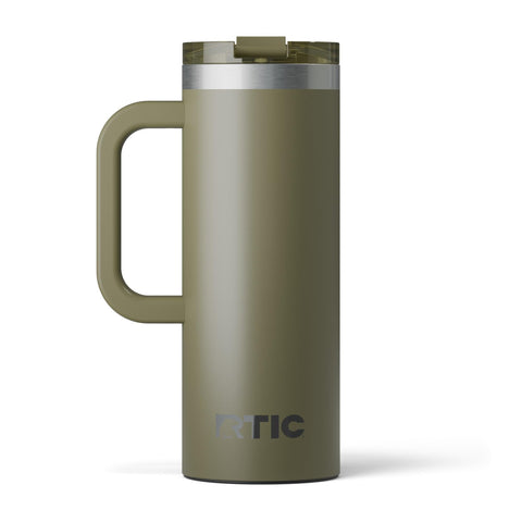 RTIC travel mug front view showing olive finish and branding for easy identification