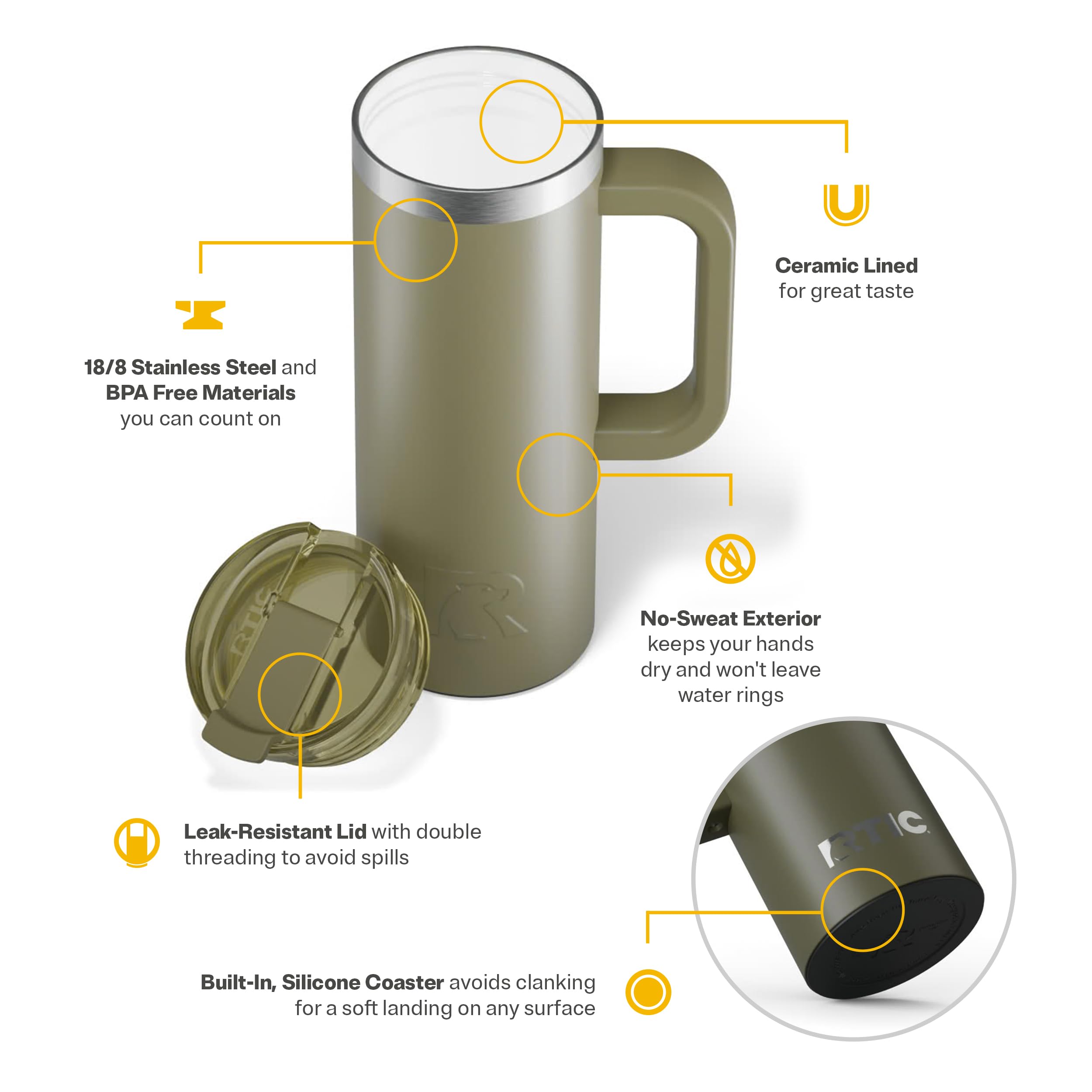 RTIC handle and leak-resistant lid detail for secure carrying and spill reduction