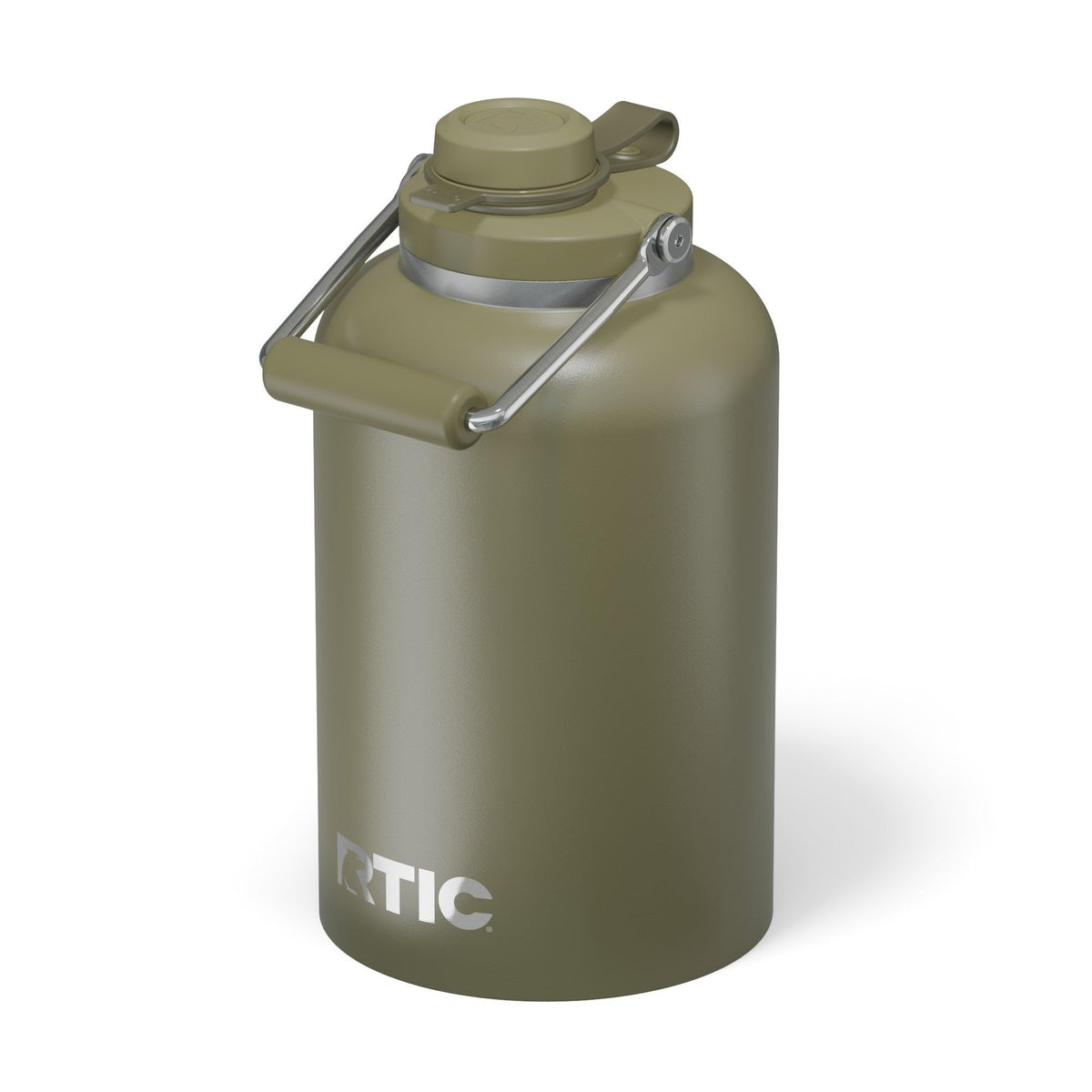 RTIC Outback Jug olive front view showing shape and powder coat finish for durable protection